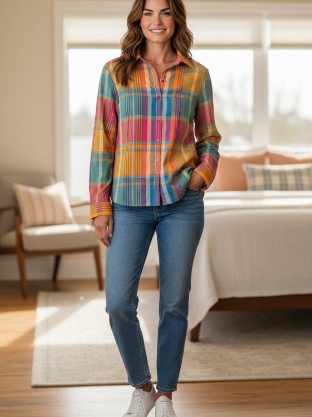 VILLAGER by Liz Claiborne Vintage Rainbow Plaid Blouse, Size 14